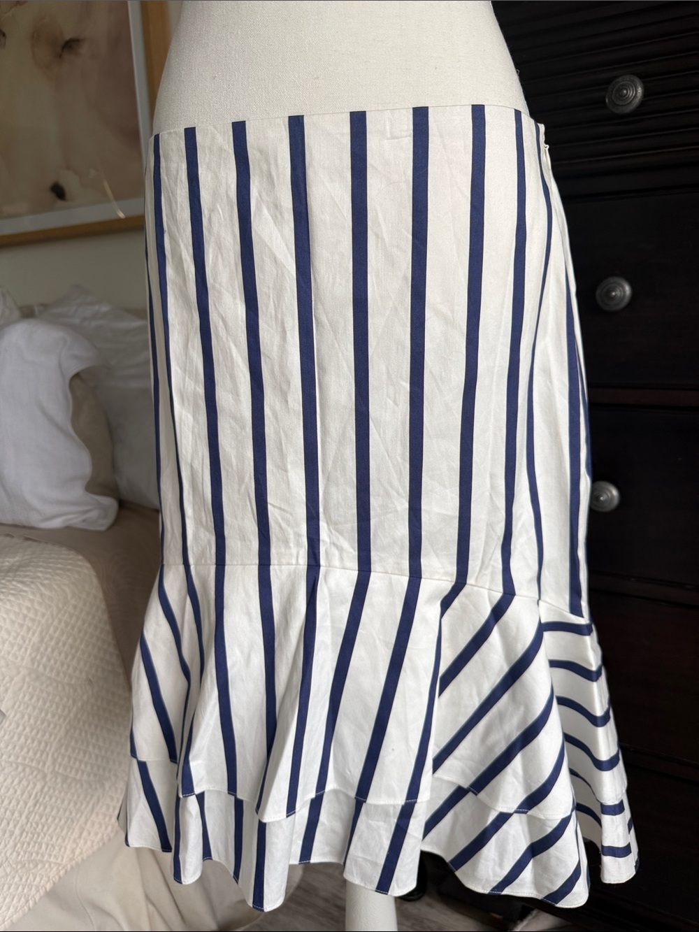 Ralph Lauren Navy and White Striped Ruffle-Hem Midi Skirt